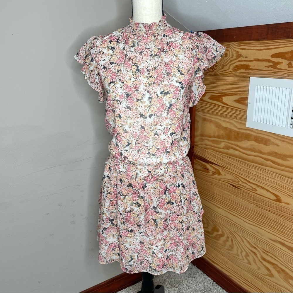 1.State Floral Ruffle Smocked Waist Keyhole Back Tiered Mini Dress XXS